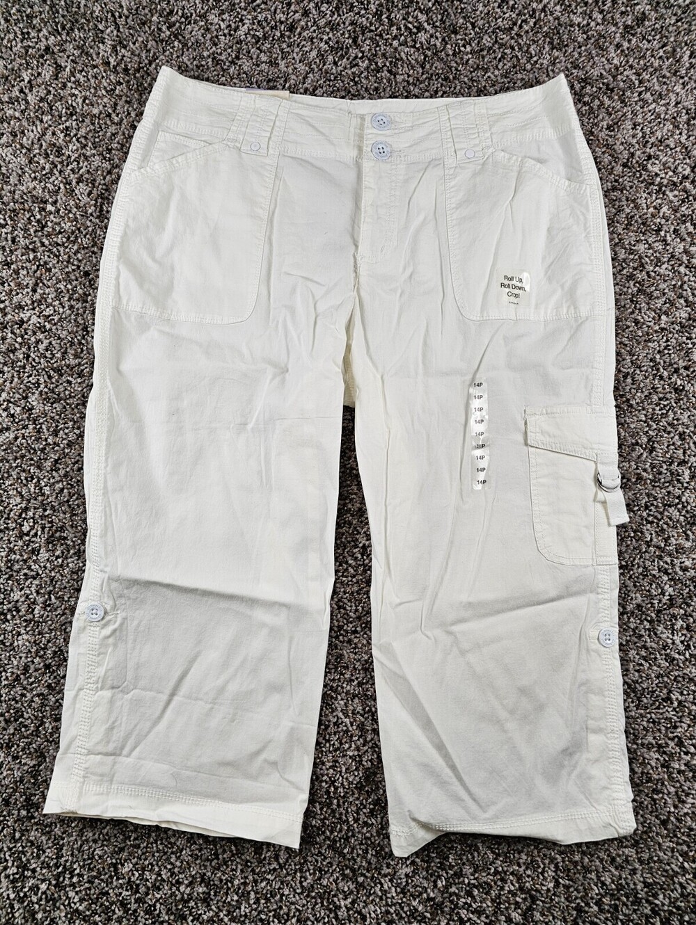 St Johns Bay Womens Sz 14P Petite Roll Up Down Cropped Cargo Pants Beige NEW